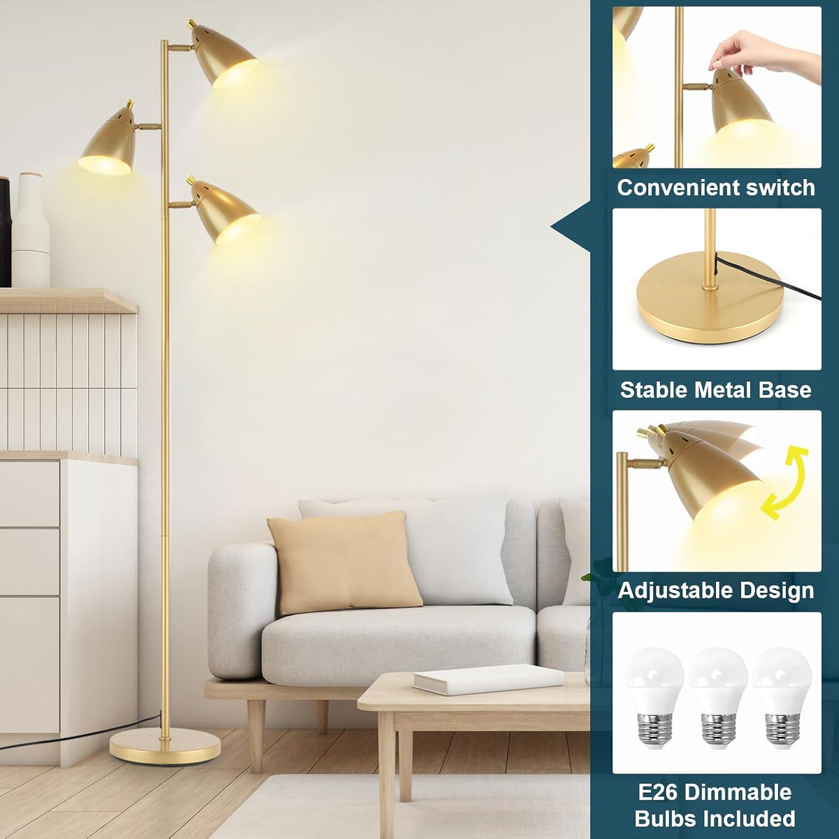 LALISU Tree Floor Lamp for Living Room, Industrial 3-Light Standing Lamp