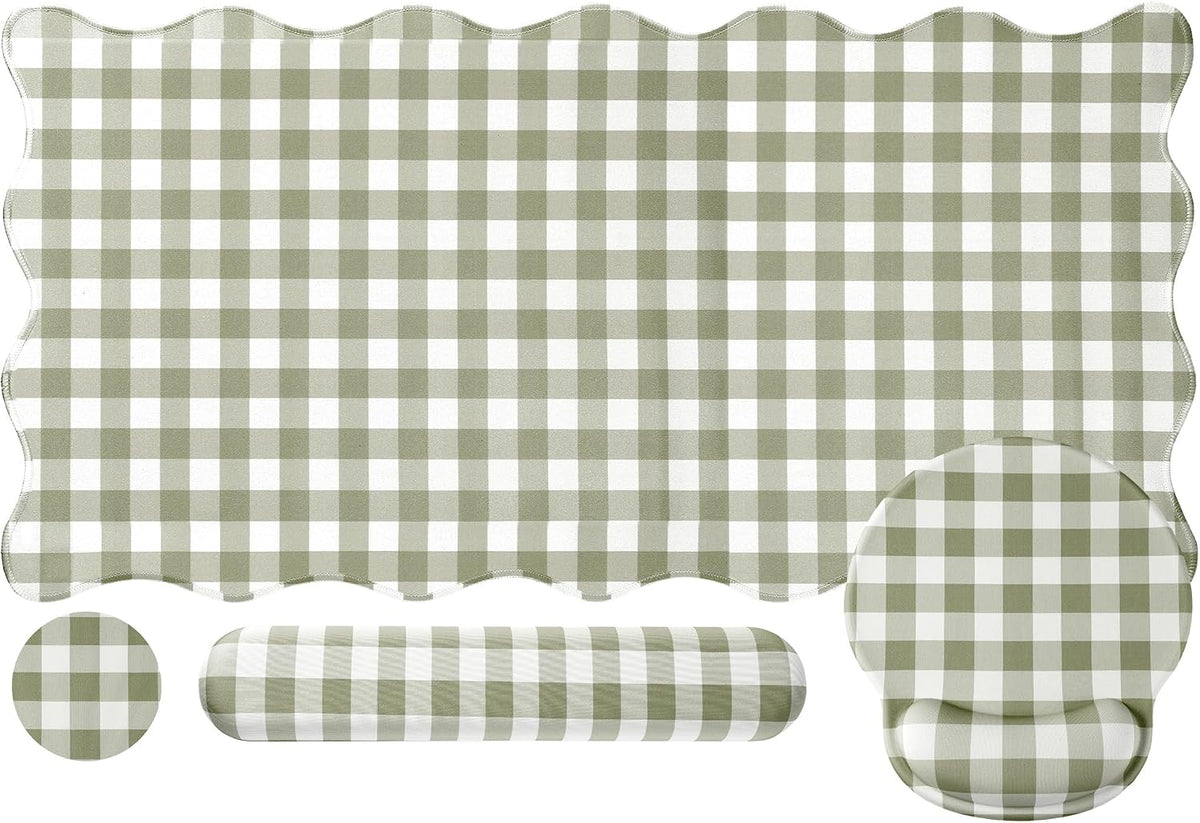 Sabary Gingham Desk Mat Scalloped Sage Green, 35.4 x 15.7 Inch