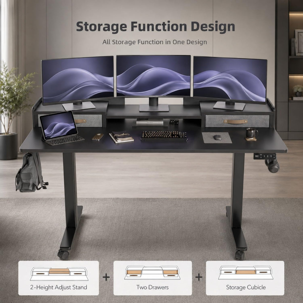 YDN 63 Inch Electric Standing Desk with Drawers & Wheels, Black