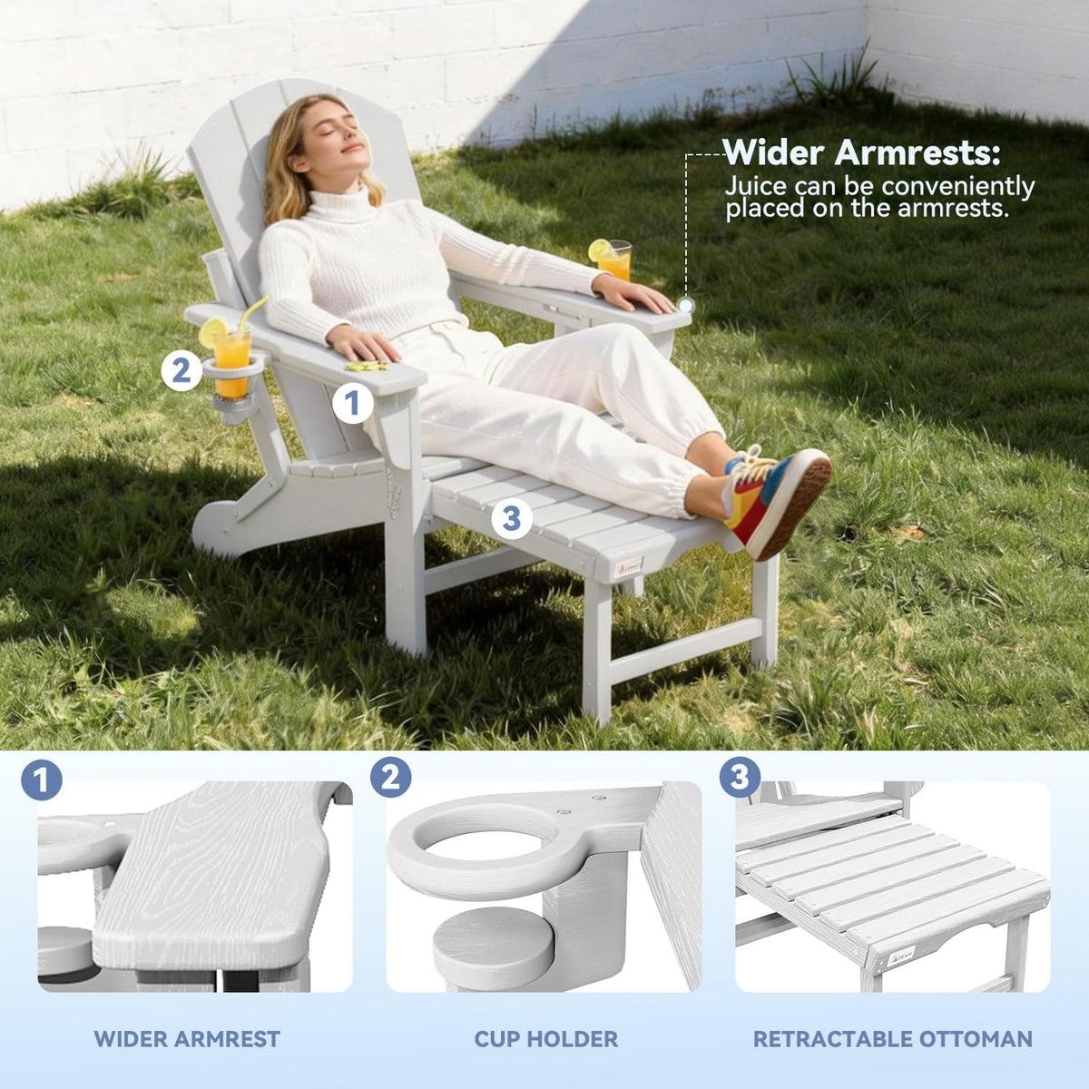 Mdeam HDPE Folding Adirondack Chairs Set of 2, 3-Position 400 lbs, White