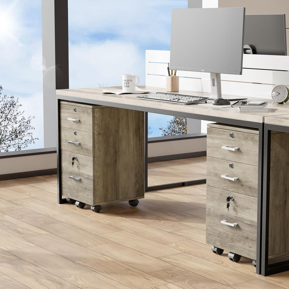 VINGLI 3-Drawer File Cabinet with Lock, Wood Rolling Under Desk File Cabinets...