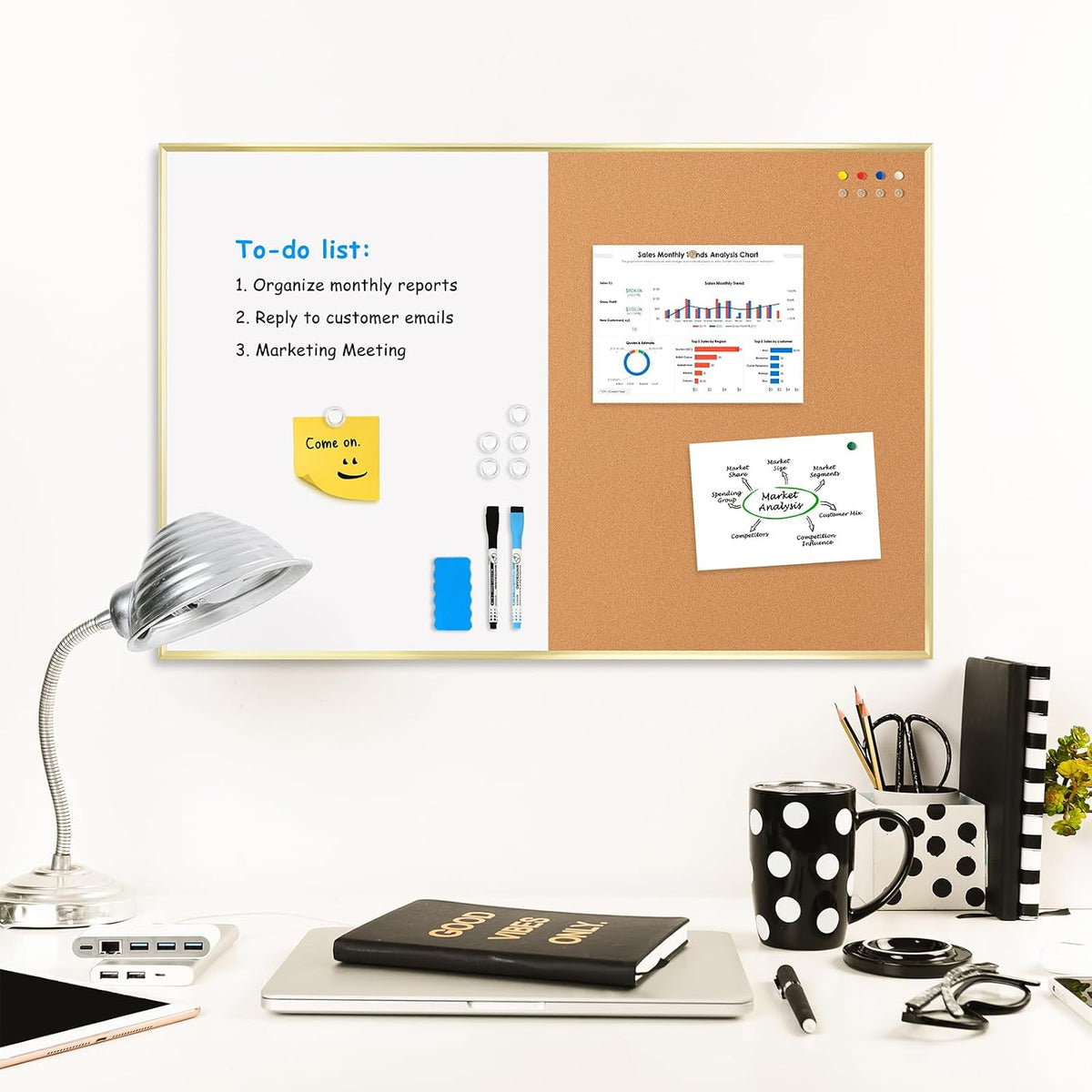 Magnetic Dry Erase White Board & Cork Board Combo, 24"x18", Wal...