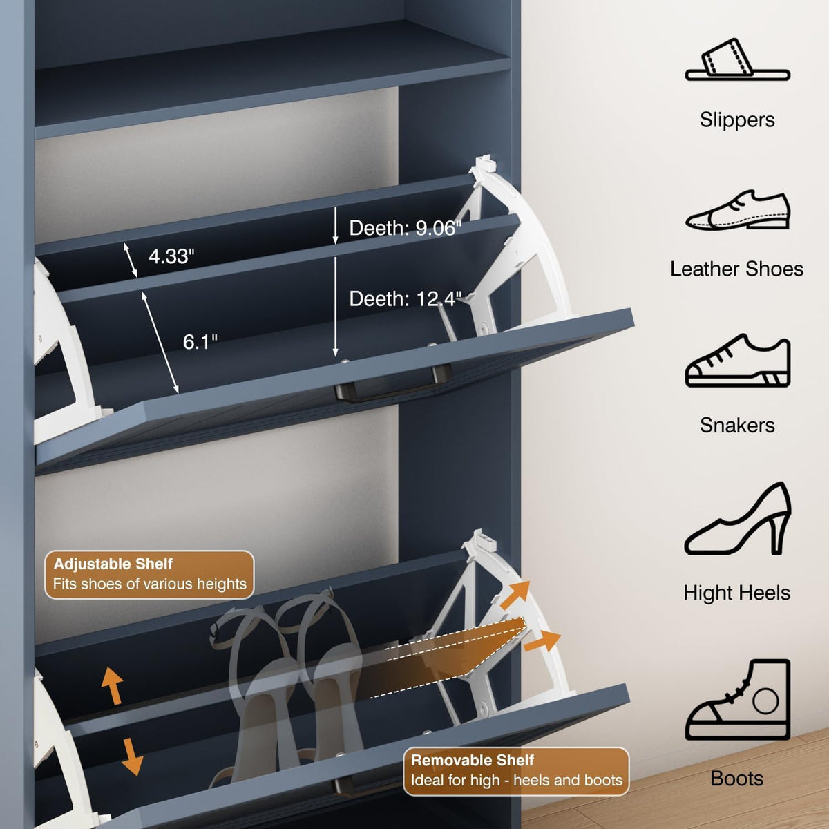 24" W Hidden Shoe Storage Cabinet with 2 Flip Drawers & Open Storage