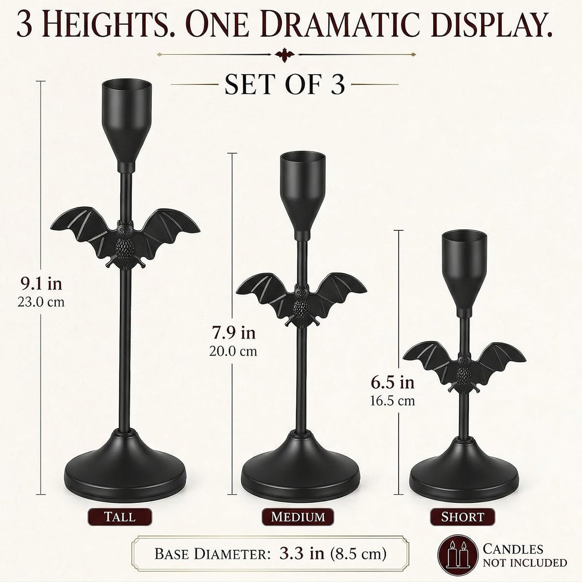 Ceenna 6 Pcs Halloween Bat Candle Holders, 3 Size Black Taper Candle Holder