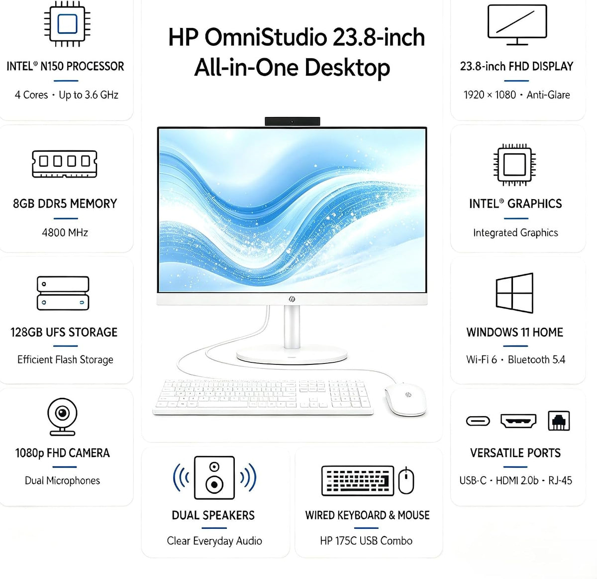 HP OmniStudio All‑in‑One Desktop, 24‑Inch Full HD Display, Intel N150 Quad‑Co...