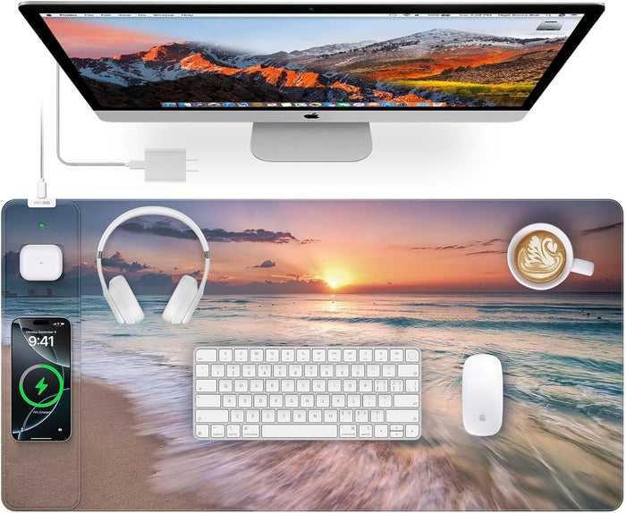 Beach Sunset Mouse Pad with Dual Wireless Charging, 31.5" x 15.8"