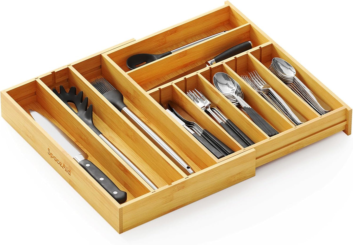 SpaceAid 2.5" High Bamboo Silverware Drawer Organizer with Labels, Kitch...