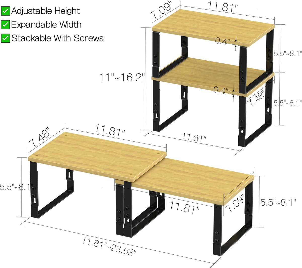 Adjustable Storage Shelves for Kitchen Cabinet Organization - Set of 2 Stacka...
