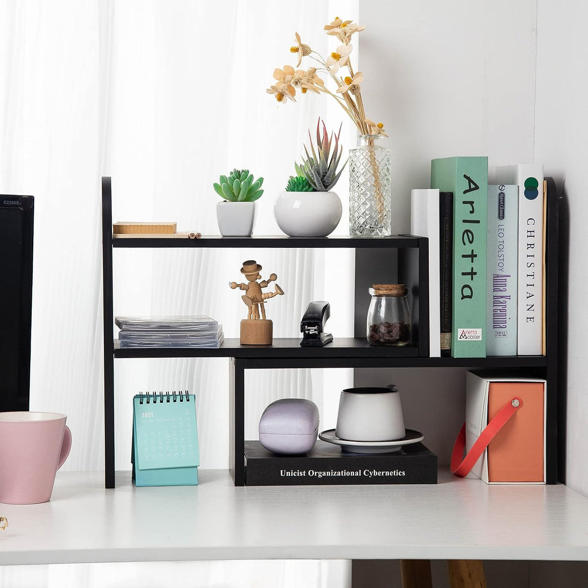 Desktop Adjustable Natural Wood Book Shelf Organizer Office Storage Rack Disp...