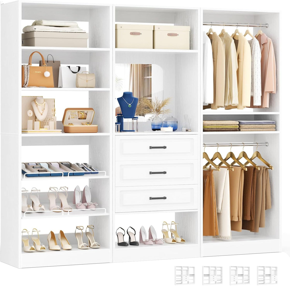 Unikito 75" Modular Closet System with 3 Sets, Mirror & Drawers, White
