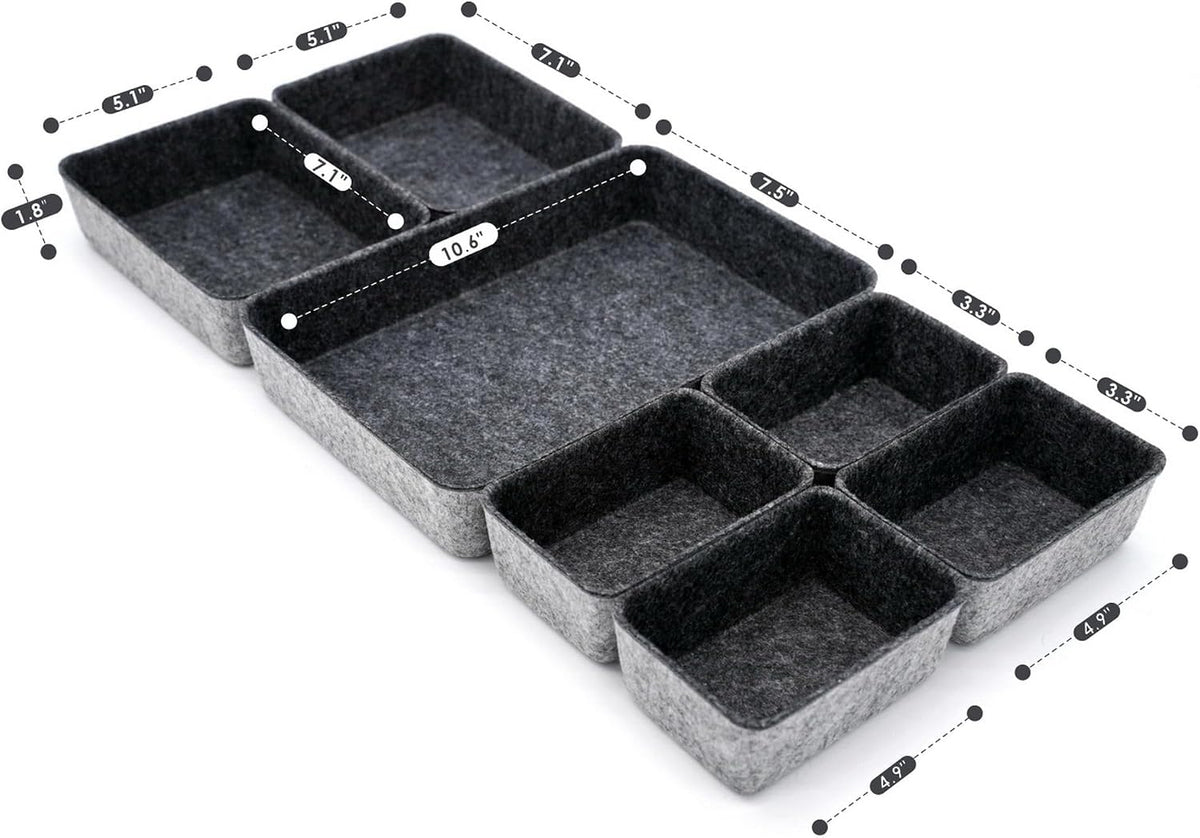 Welaxy 7pc Shallow Felt Desk Drawer Organizers Trays Charcoal Storage Bins