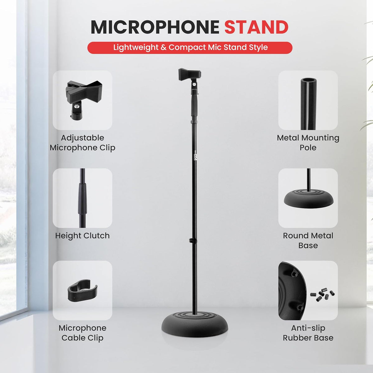 Pyle Universal Microphone Stand - Handheld Mic Compatible, Heavy Compact Base...