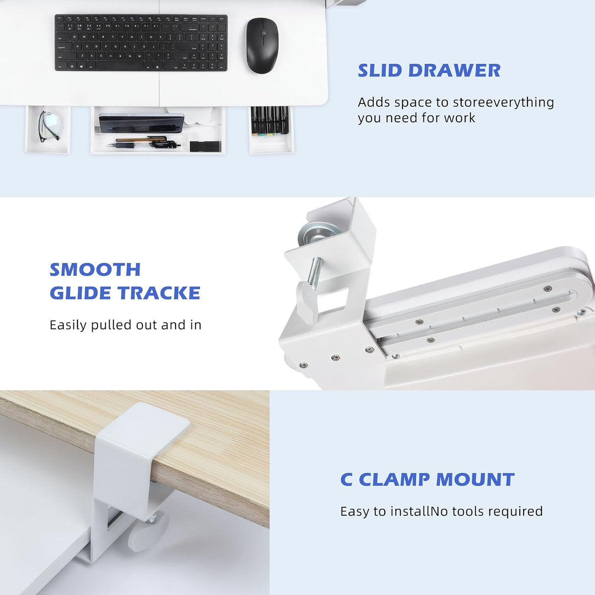 Keyboard Tray Under Desk with Drawer, White, 26.77" X 11.81"