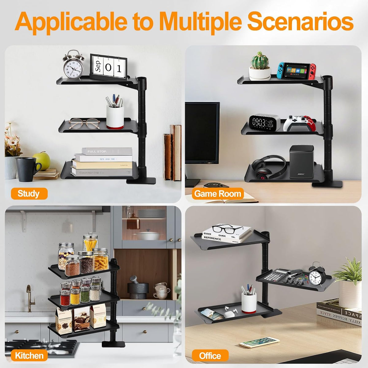 3 Tier Clamp On Desk Shelf,360° Rotatable Adjustable Above or Under Desktop O...