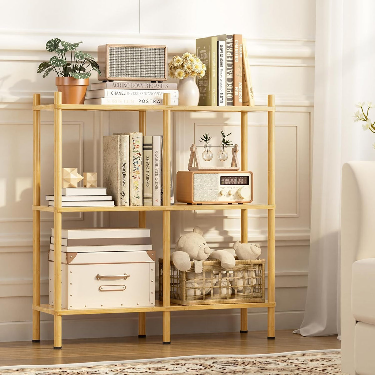 3 Tier Book Shelf, Wide Bamboo Bookshelf, Bookcase with 6 Open Display Shelve...