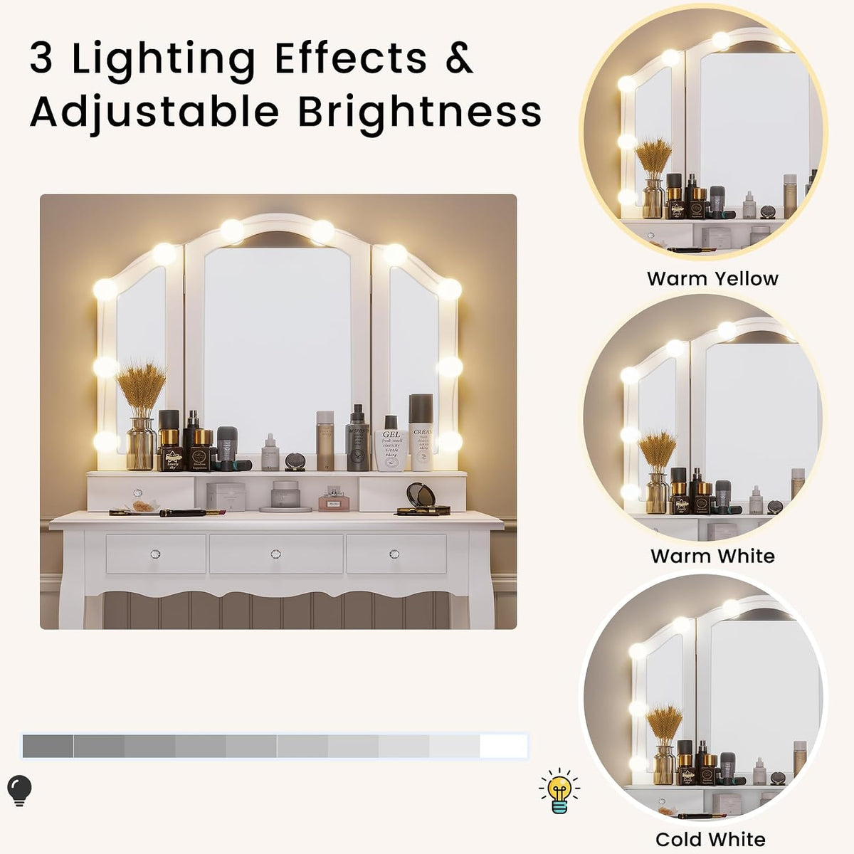 Tiptiper Makeup Vanity with Lighted Mirror and Stool, White