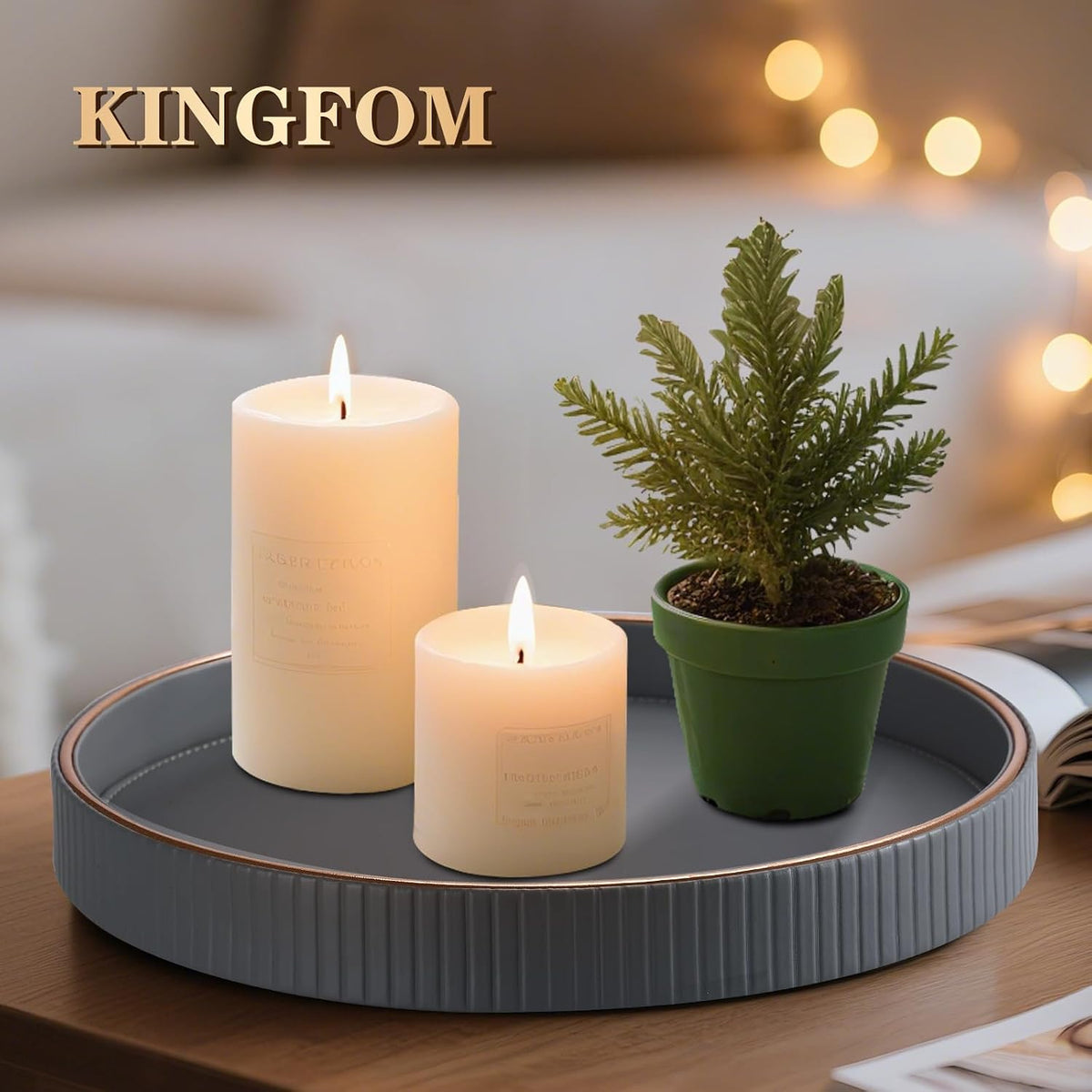 KINGFOM Round Decorative Tray, PU Leather Vanity Tray Organizer with Gold Tri...