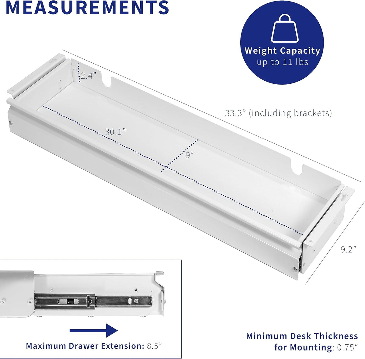 VIVO White Under Desk 33 x 9 in Slide Out Storage Drawer, DESK-DR33-W