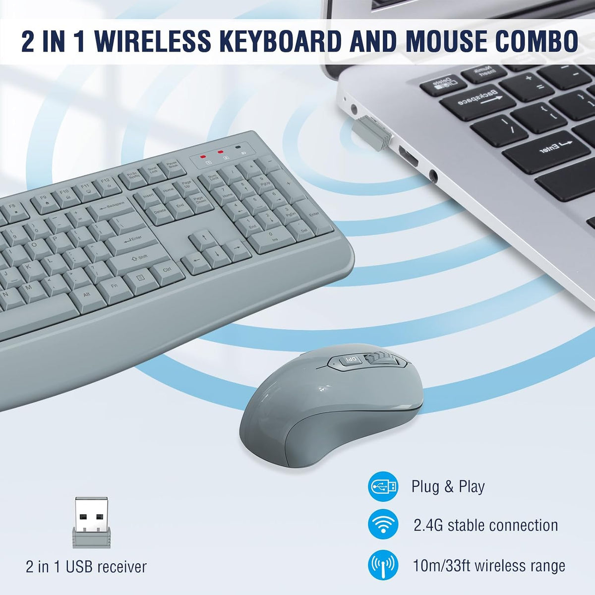 QUASIO Wireless Keyboard Mouse Combo, Windows & Mac Compatible (Gray)