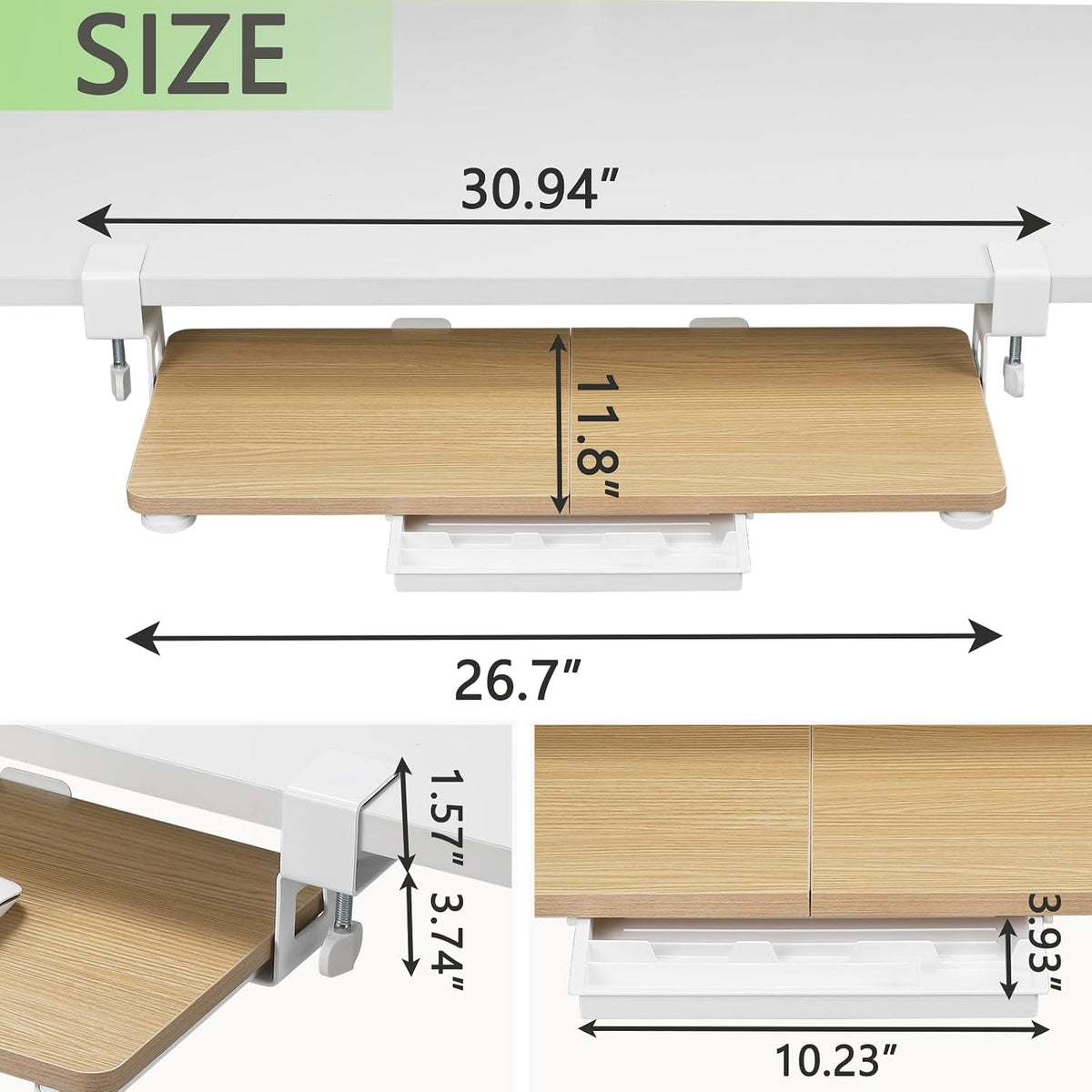 ETHU Under Desk Keyboard Tray with C-Clamp, 26.77x11.81, Oak
