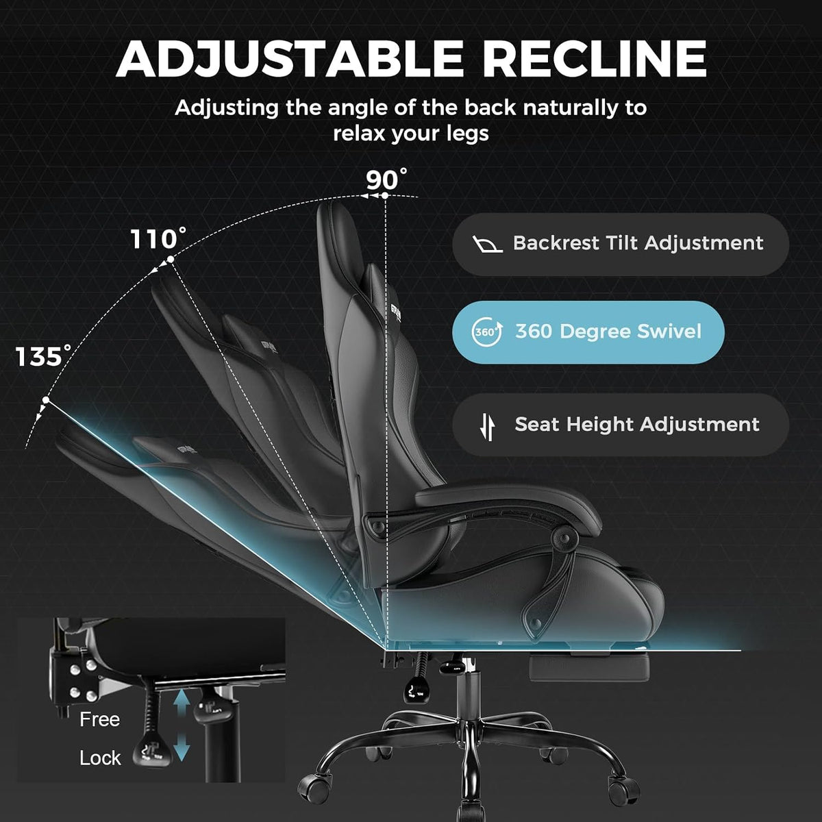GTPLAYER Gaming Chair, Computer Chair with Footrest and Lumbar Support, Heigh...