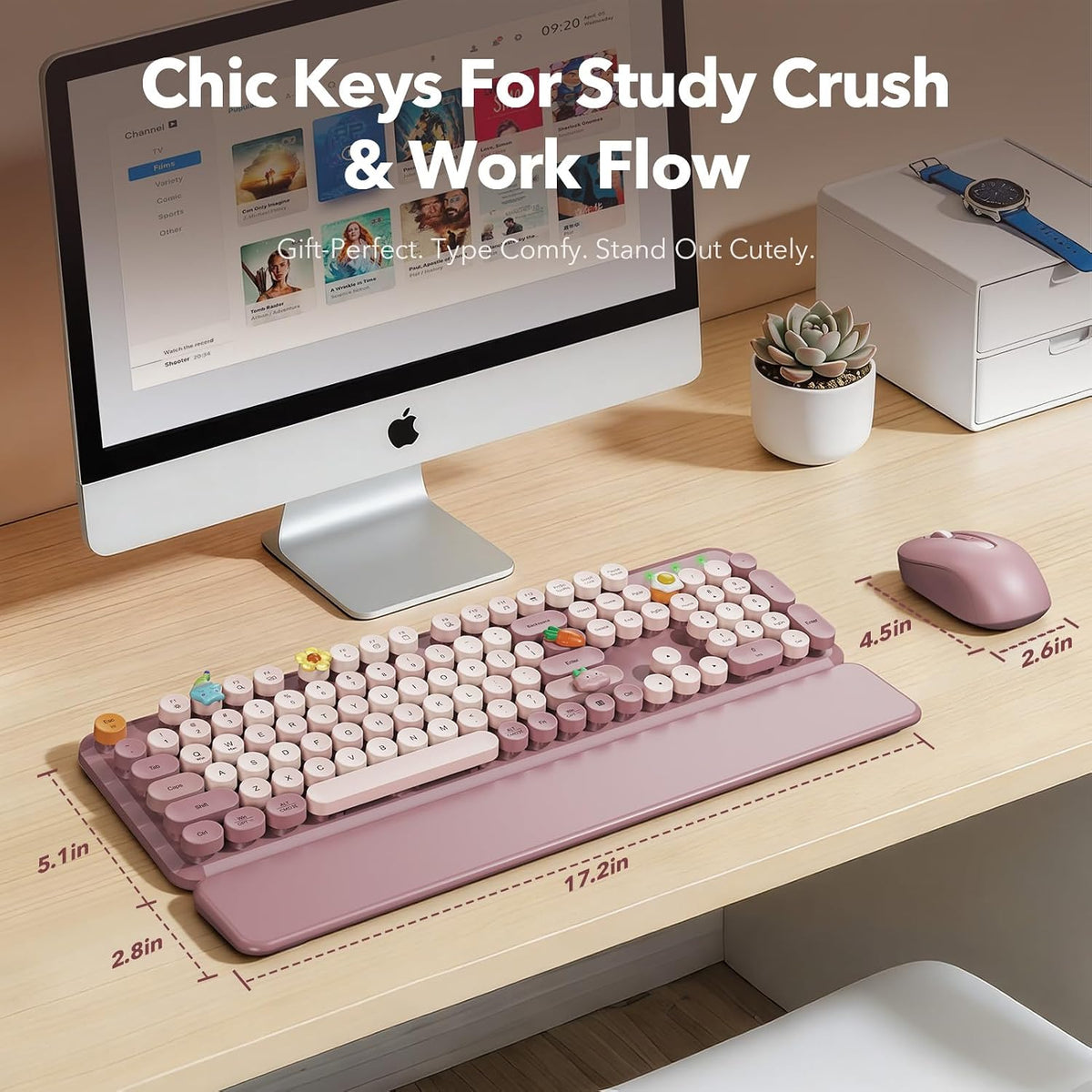 Wireless Keyboard and Mouse, Round Keycaps, Magnetic Wrist Rest, Dusty Rose
