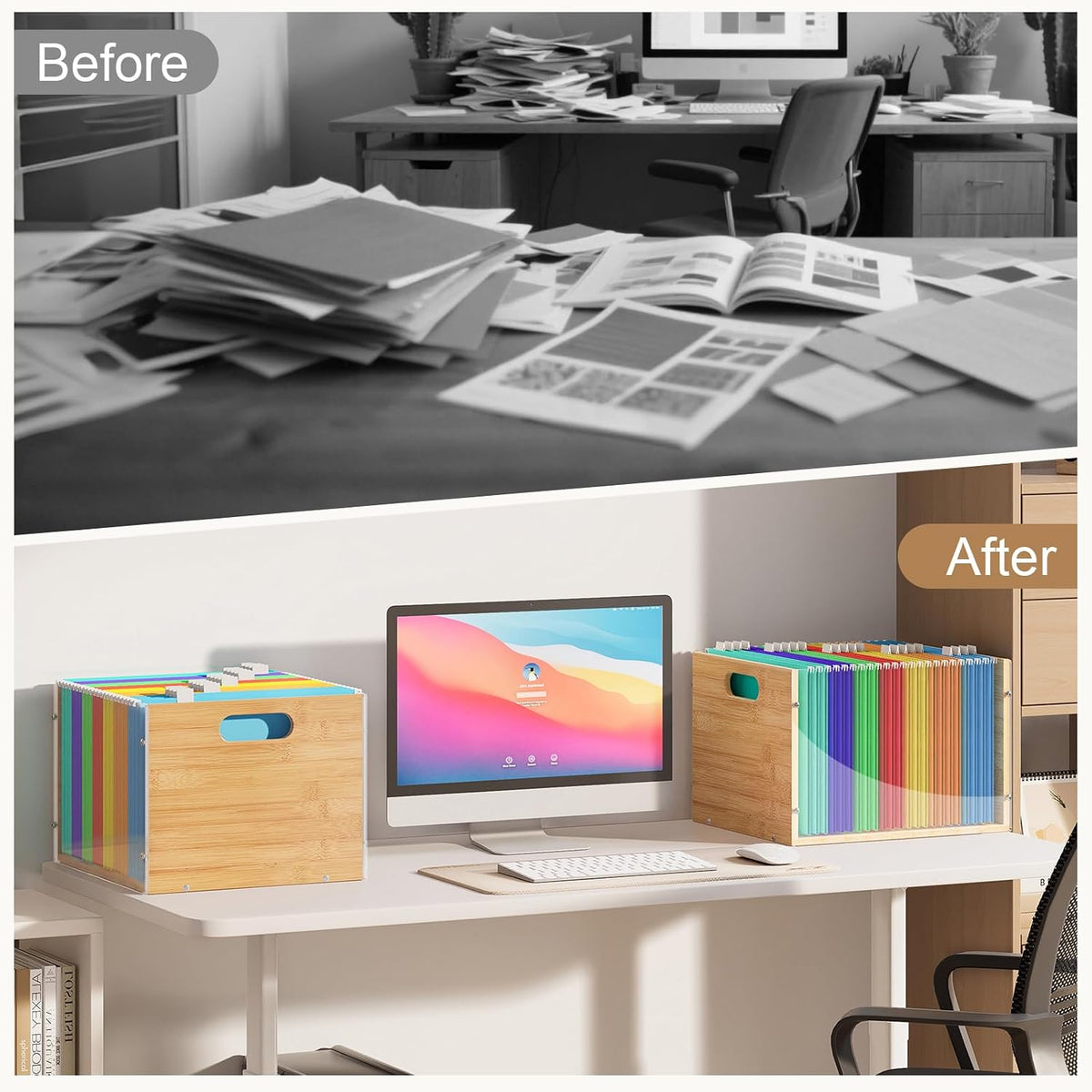 Sbanmao 3 Pack Hanging File Organizer, Acrylic File Box Organizer, Bamboo Fil...