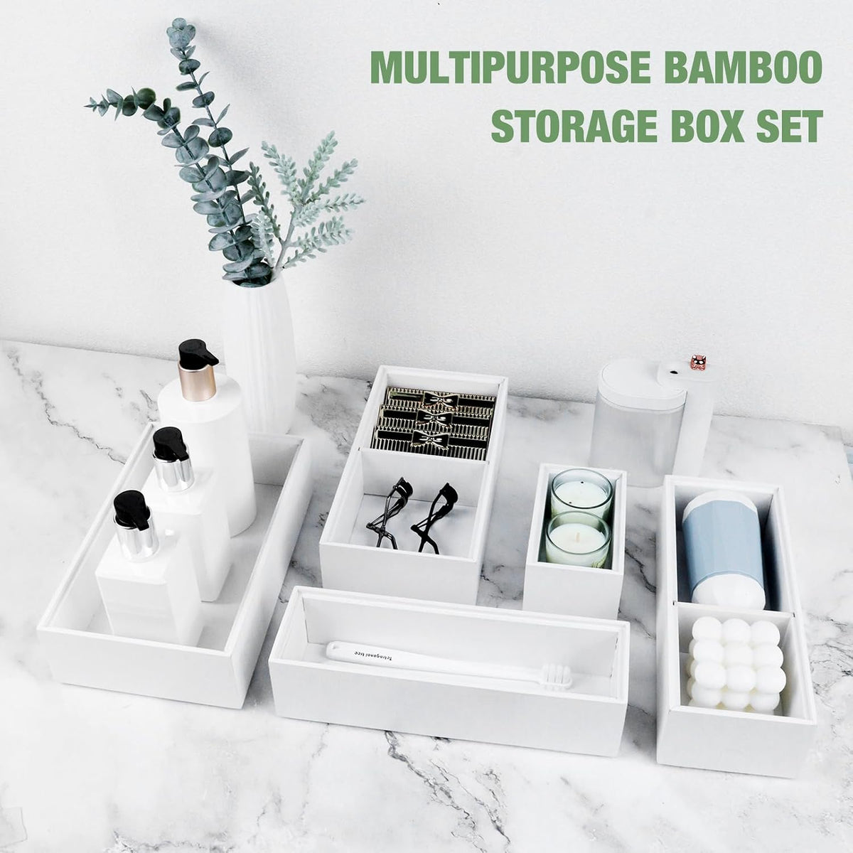 Bamboo Drawer Organizer,5 PCS White Bathroom Tray&Desk Organizers and Sto...