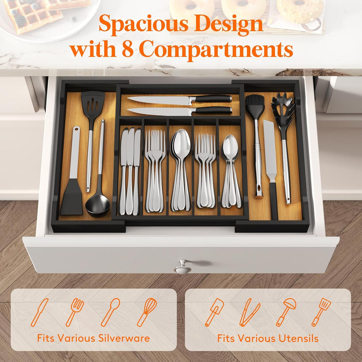 Lifewit Silverware Drawer Organizer, Wooden Utensil Tray for Kitchen