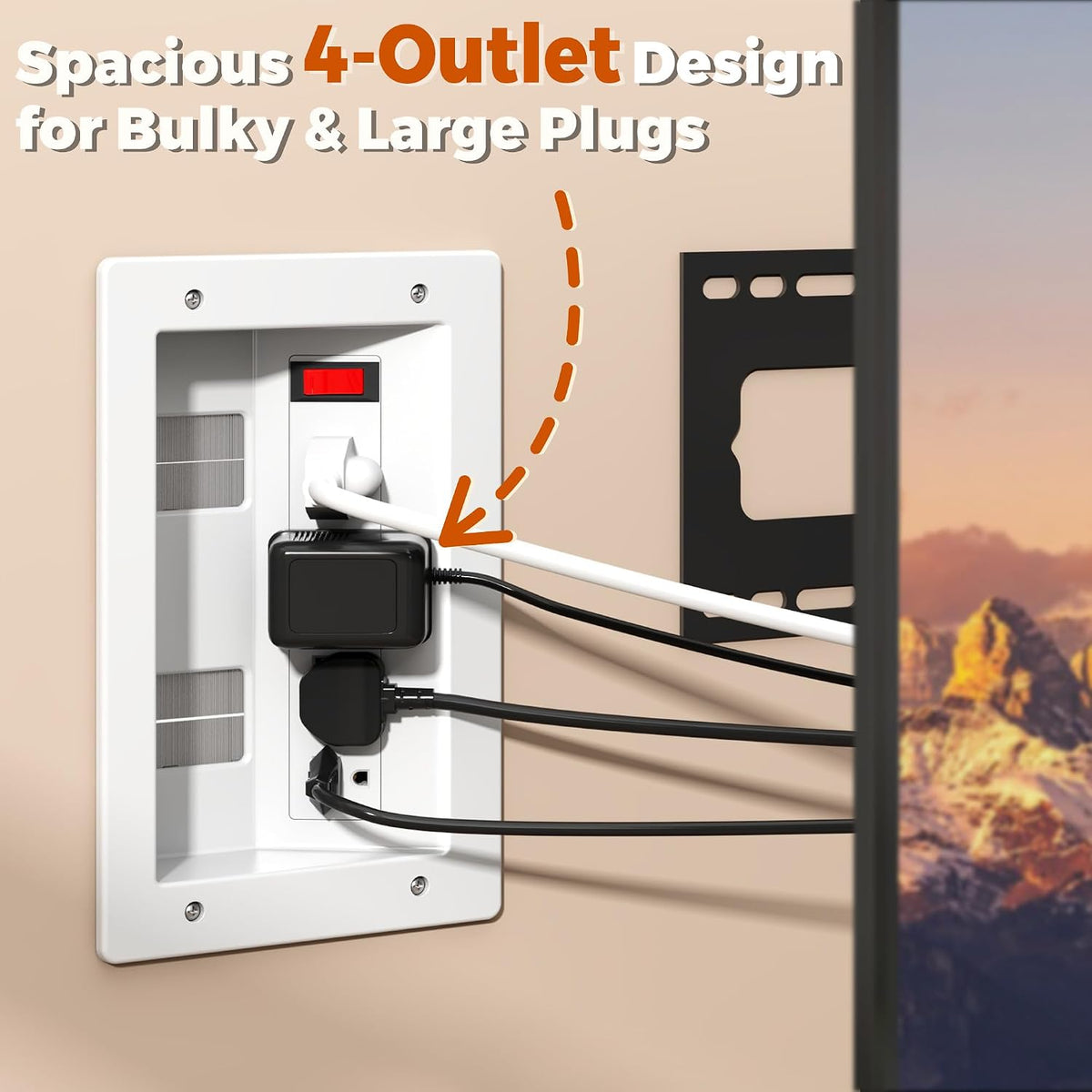 In Wall Cable Management Kit with Recessed Outlet Box, 4 Outlets, 9.8FT Cord,...