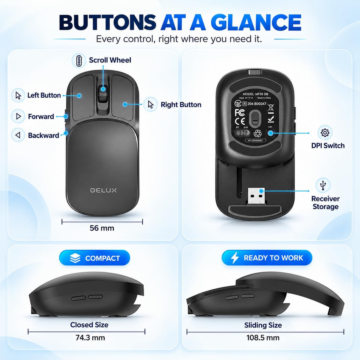 DELUX Wireless Bluetooth Pocket Mouse, 2-in-1 Sliding Mouse (MF20-Black)