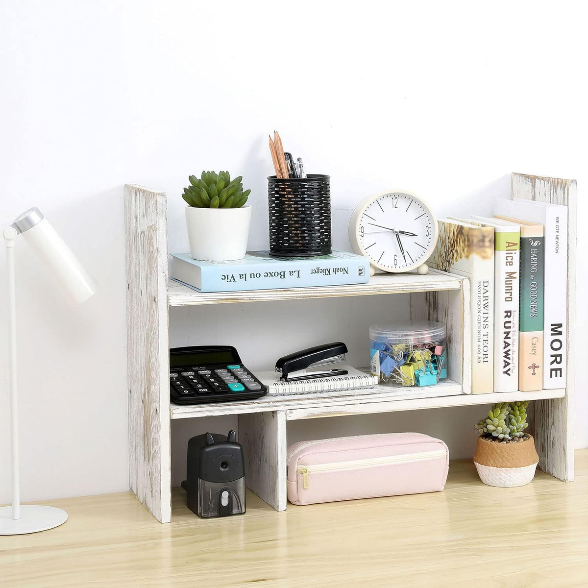 MyGift Adjustable Whitewashed Solid Wood Desktop Storage Organizer Display Sh...