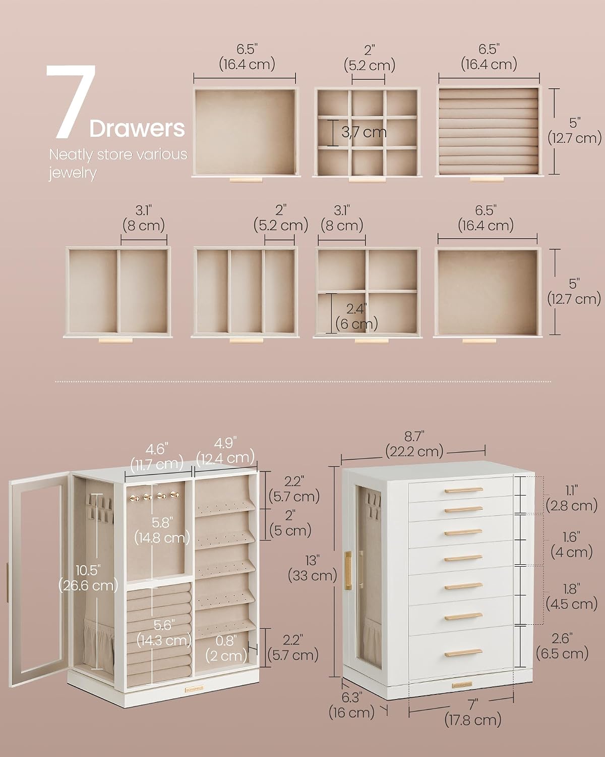 SONGMICS Jewelry Box Organizer, 360° Rotating, 7 Drawers, Cloud White