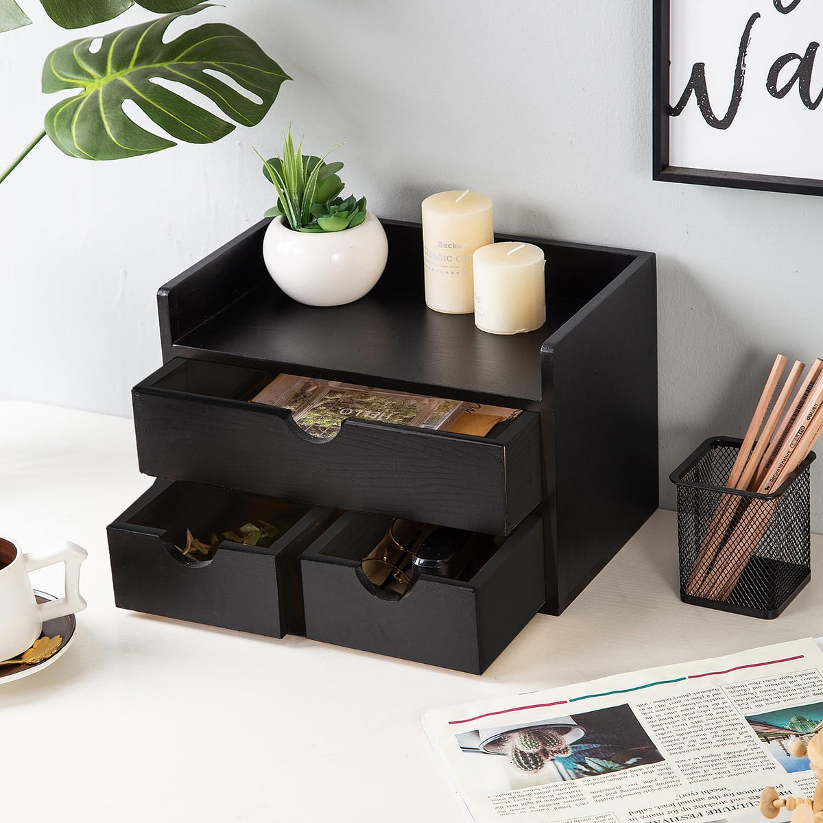 Rustic Distressed white 3-Tier Wood Desk Organizer with 3 Drawers Mini Storag...