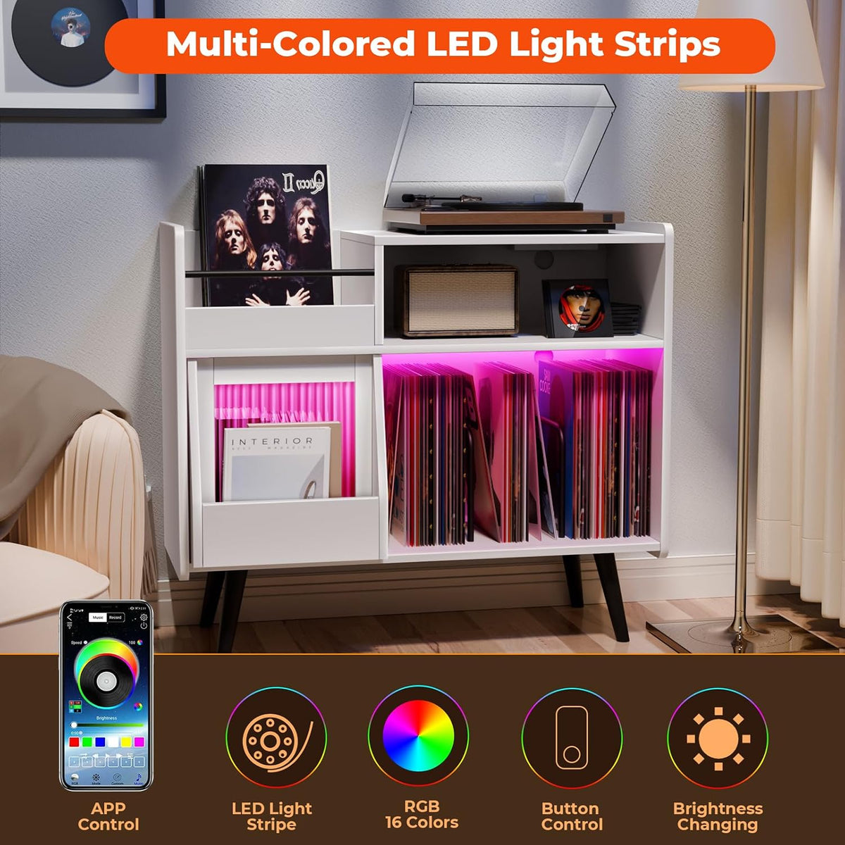 Large Record Player Stand -Turntable Stand Shelf w/Power Outlet & LED Light