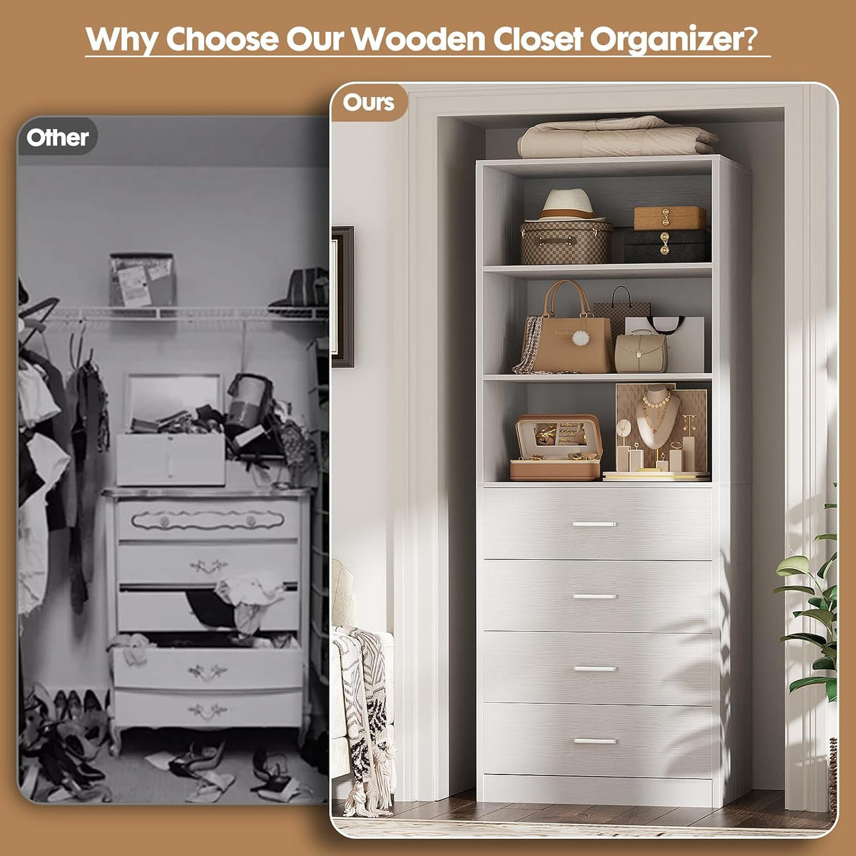 Aheaplus Closet Drawers System, 21.3" Wood Closet Organizer System, White