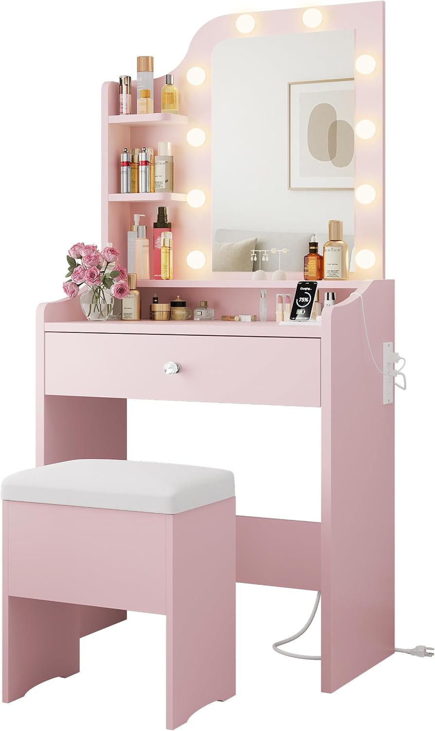 LIKIMIO Small Vanity Desk with Mirror Lights and Storage Stool, Pink