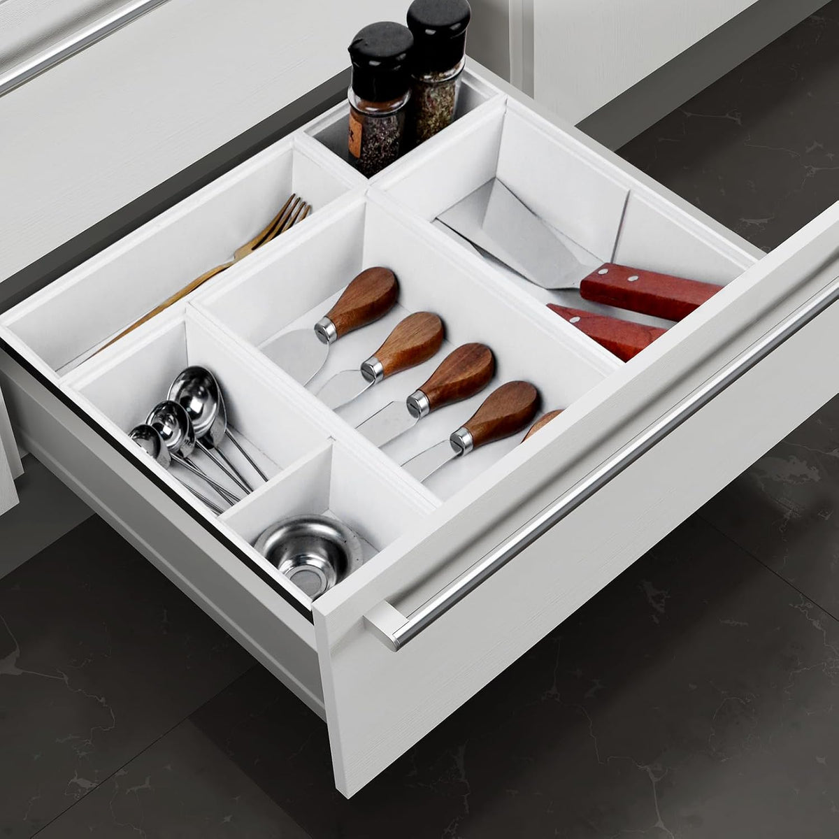 Bamboo Drawer Organizer,5 PCS White Bathroom Tray&Desk Organizers and Sto...