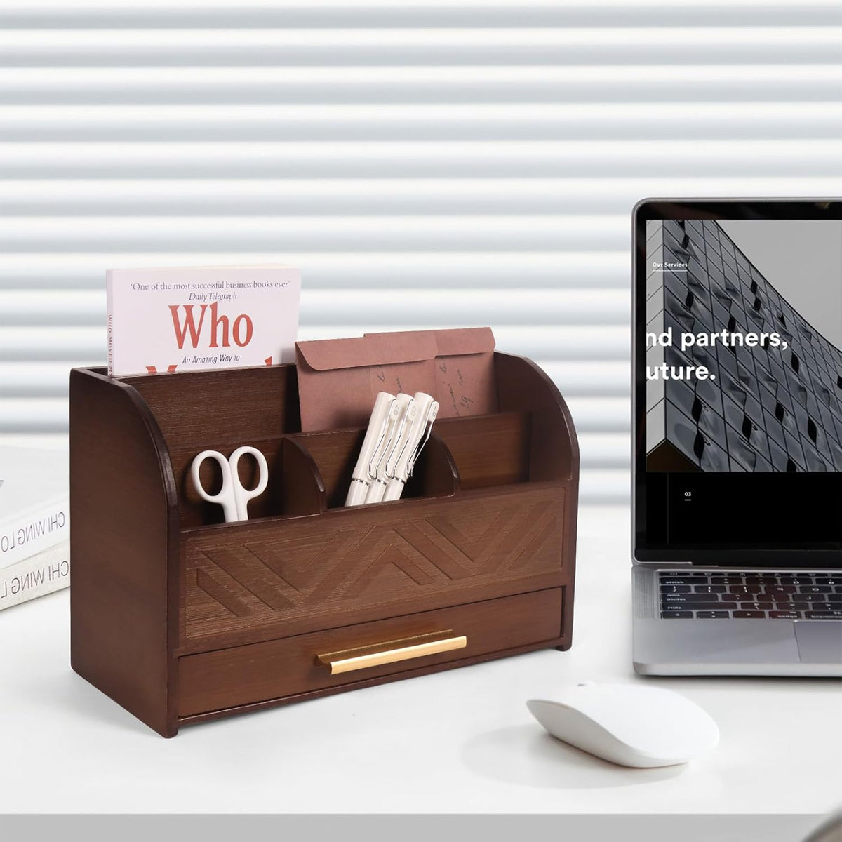 Brown Desktop Organizer with Drawer Storage, White Desk Organizer Mail Holder...