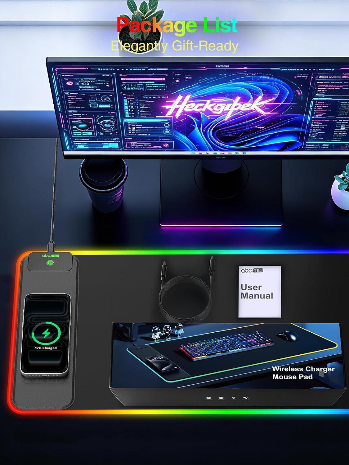 Wireless Charging Mouse Pad Gaming, 31.5"x11.8" Large Desk Mat, Wat...