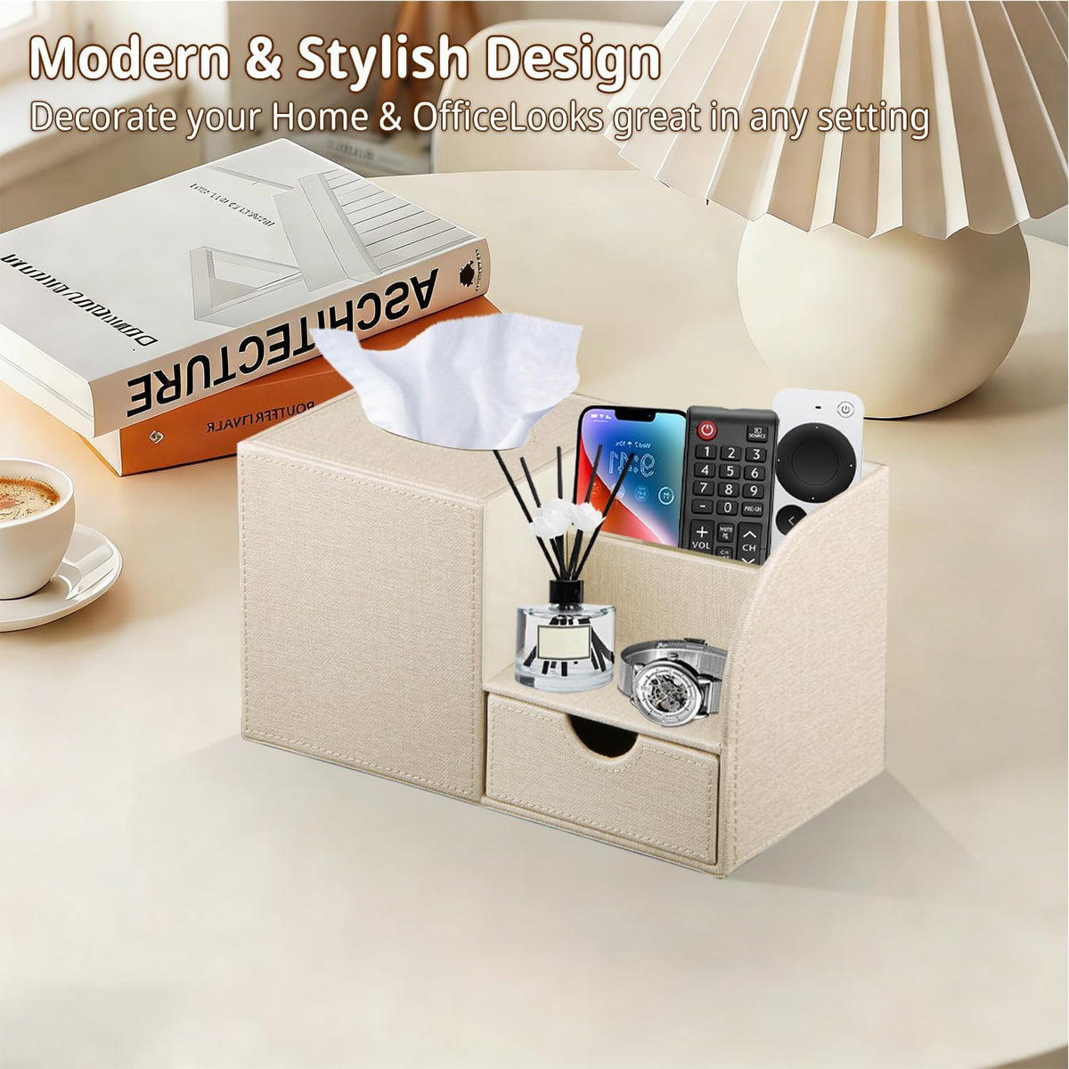 Nightstand Organizer with Tissue Holder,PU Leather Square Tissue Box Cover