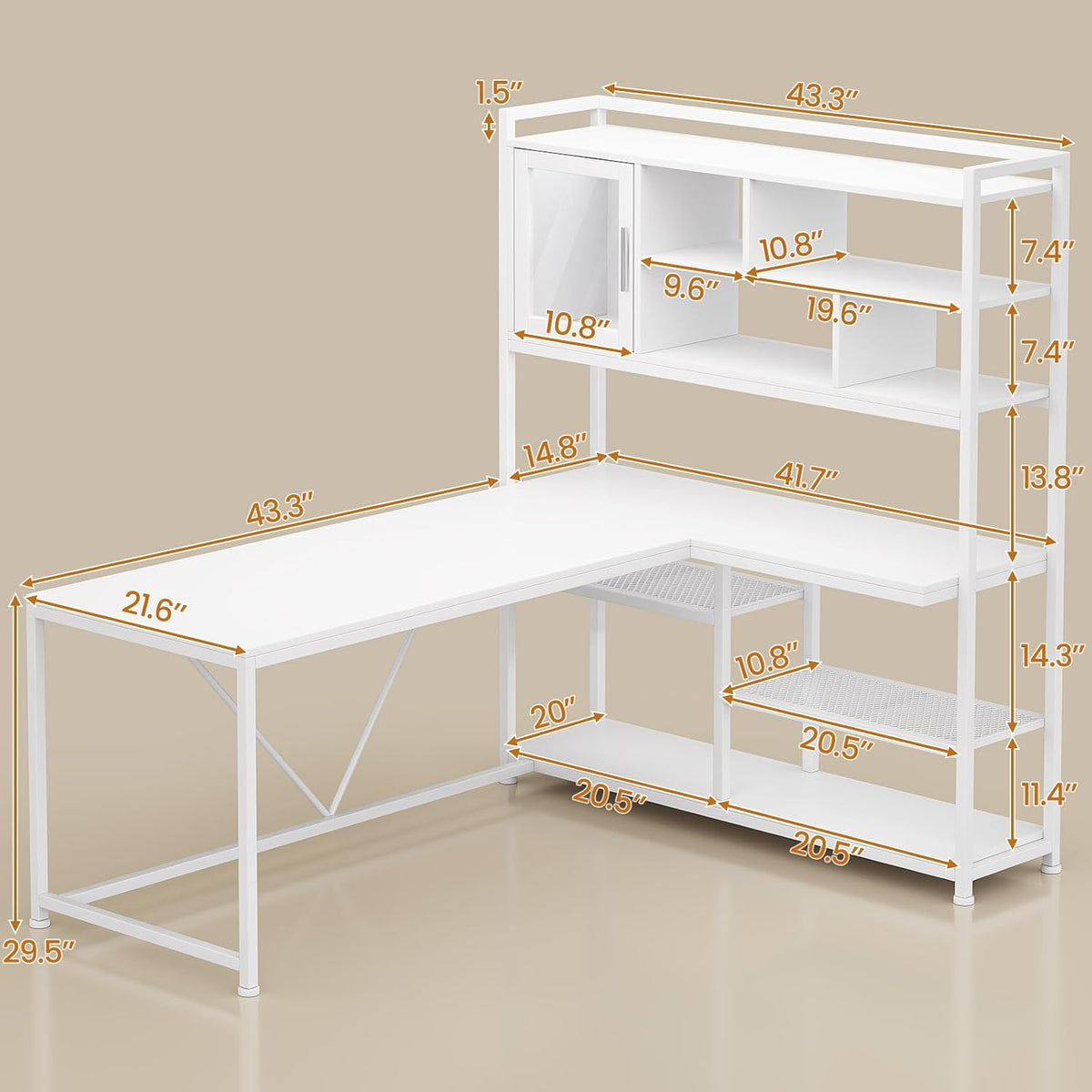 SEDETA L Shaped Computer Desk with Storage Shelves and Bookshelf, White