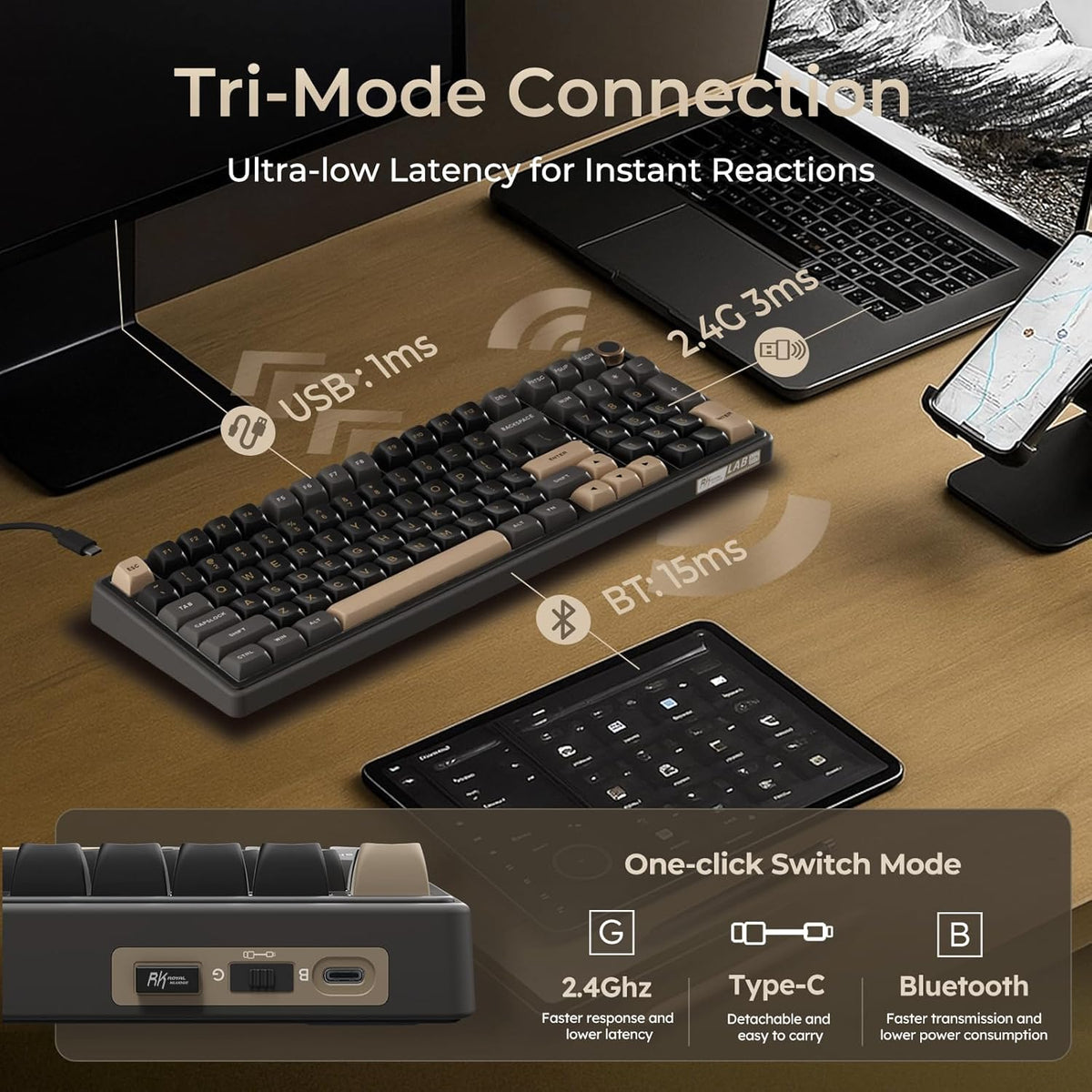 RK ROYAL KLUDGE R98 Pro Wireless Mechanical Keyboard, Creamy Bluetooth/2.4GHz...
