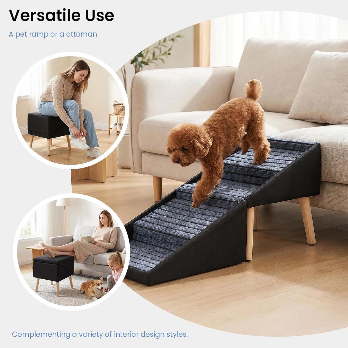 GYKLE 17.3" Foldable Wooden Dog Stairs & Ottoman, 2-in-1 Pet Ramp