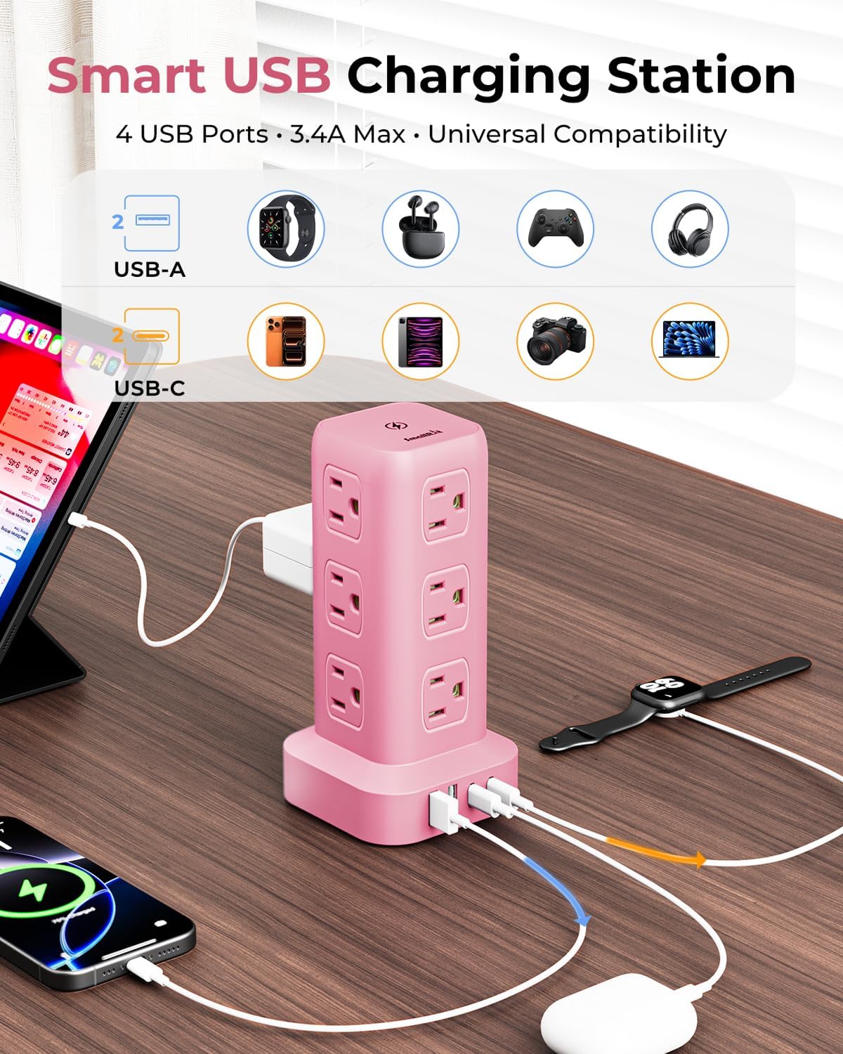 Power Strip with 12 Outlets 4 USB (1 USB C), 6.5Feet Extension Cord with Mult...