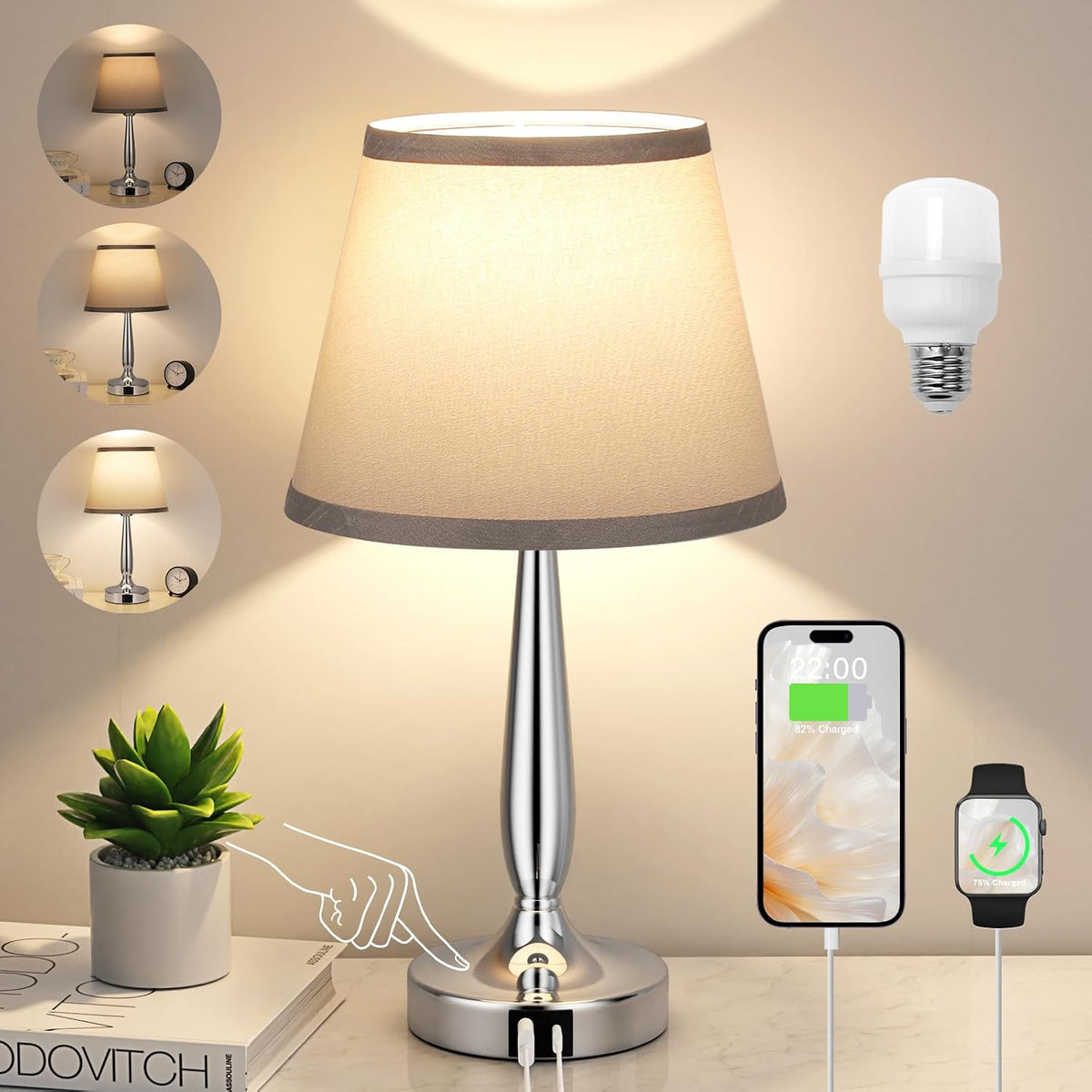 Kakanuo Touch Table Lamp for Bedroom, Small Bedside Lamp with USB C Port