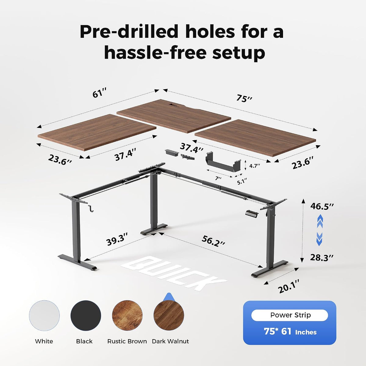 Agilestic 75 x 61 Inch L Shaped Standing Desk with Powerstrip, Dark Walnut