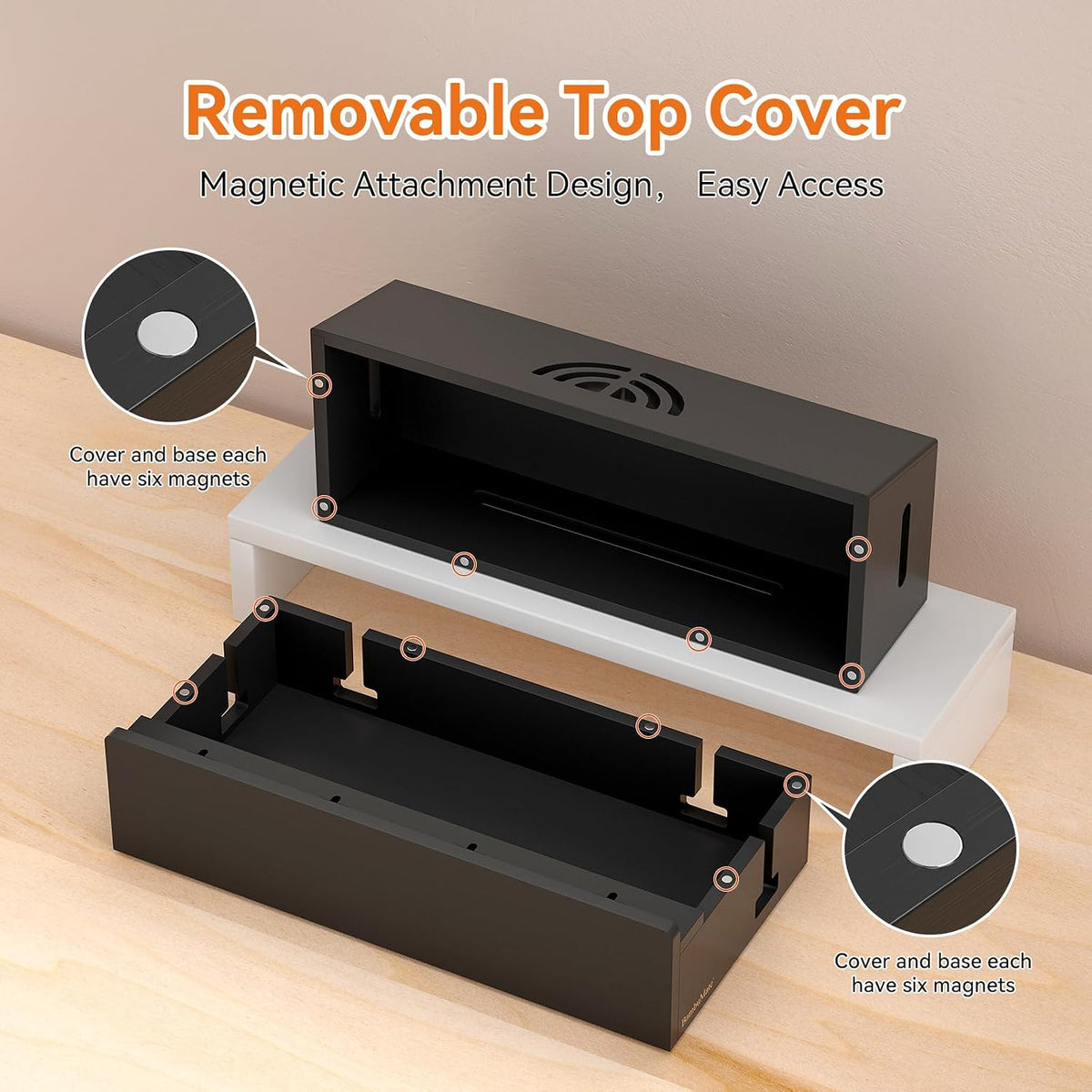 Bamboo Cable Management Box, Black, 31X14X15.5CM