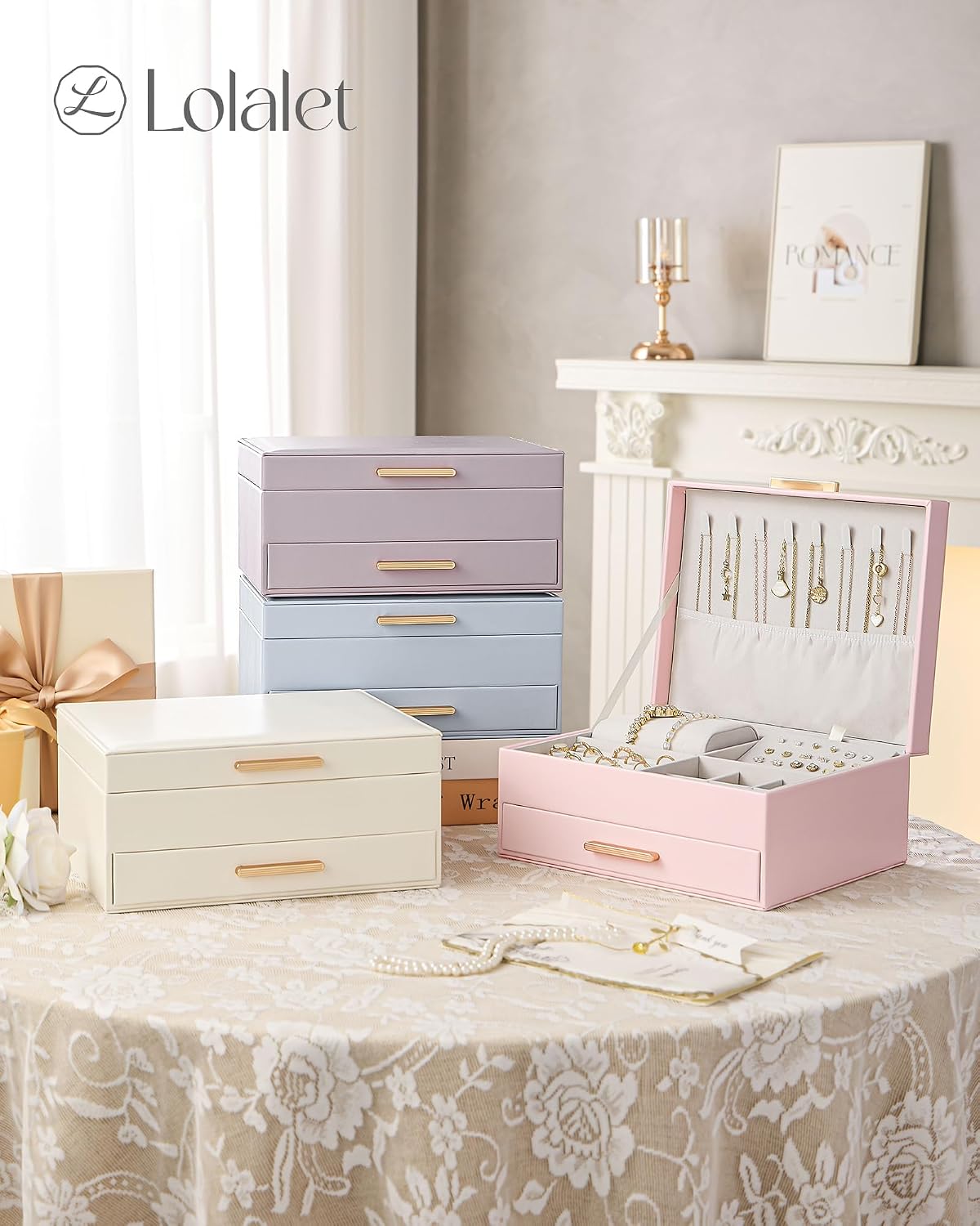 Lolalet 3-Layer Jewelry Box Organizer for Women Girls Room Decor -Beige