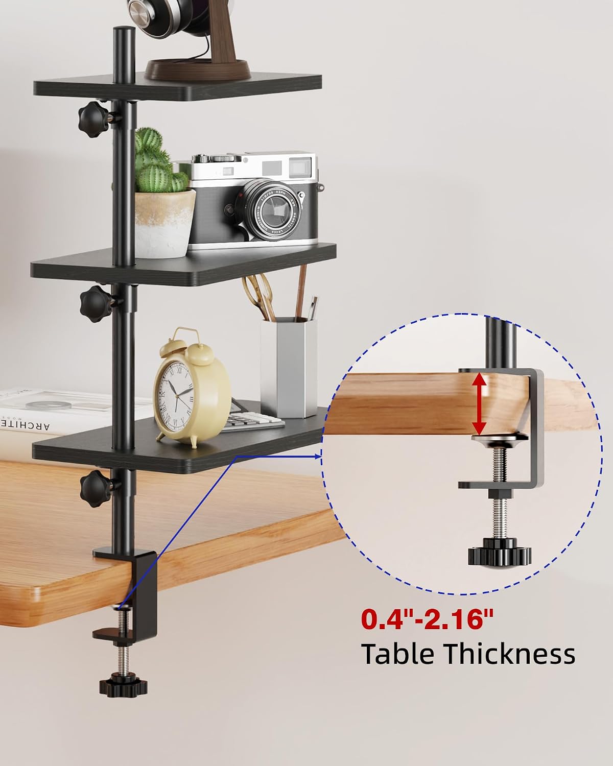 3 Tiers Clamp On Desk Shelf, 360° Angle Adjustable Desktop Shelf Organizer fo...
